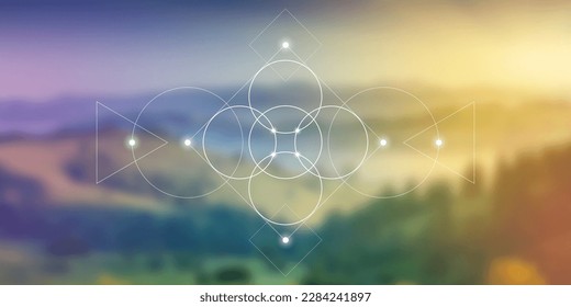 Flower of life. Tree of life. Sacred geometry spiritual new age futuristic illustration with transmutation interlocking circles, triangles and glowing particles