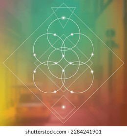 Flower of life. Tree of life. Sacred geometry spiritual new age futuristic illustration with transmutation interlocking circles, triangles and glowing particles