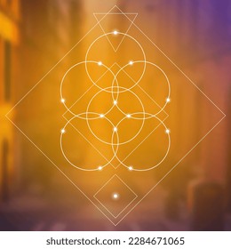 Flower of life. Tree of life. Sacred geometry spiritual new age futuristic illustration with transmutation interlocking circles, triangles and glowing particles