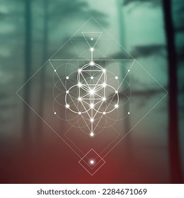 Flower of life. Tree of life. Sacred geometry spiritual new age futuristic illustration with transmutation interlocking circles, triangles and glowing particles
