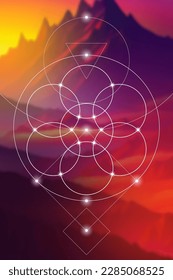 Flower of life. Tree of life. Sacred geometry spiritual new age futuristic illustration with transmutation interlocking circles, triangles and glowing particles