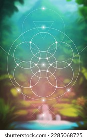 Flower of life. Tree of life. Sacred geometry spiritual new age futuristic illustration with transmutation interlocking circles, triangles and glowing particles