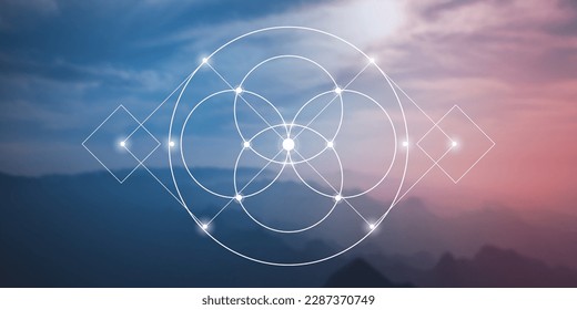 Flower of life. Tree of life. Sacred geometry spiritual new age futuristic illustration with transmutation interlocking circles, triangles and glowing particles