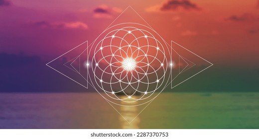 Flower of life. Tree of life. Sacred geometry spiritual new age futuristic illustration with transmutation interlocking circles, triangles and glowing particles