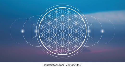 Flower of life. Tree of life. Sacred geometry spiritual new age futuristic illustration with transmutation interlocking circles, triangles and glowing particles