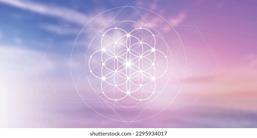 Flower of life. Tree of life. Sacred geometry spiritual new age futuristic illustration with transmutation interlocking circles, triangles and glowing particles