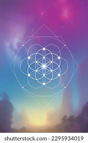 Flower of life. Tree of life. Sacred geometry spiritual new age futuristic illustration with transmutation interlocking circles, triangles and glowing particles