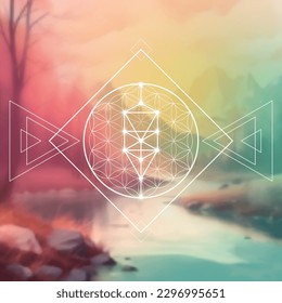 Flower of life. Tree of life. Sacred geometry spiritual new age futuristic illustration with transmutation interlocking circles, triangles and glowing particles