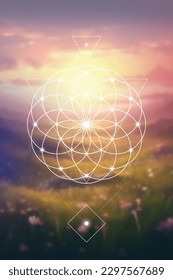 Flower of life. Tree of life. Sacred geometry spiritual new age futuristic illustration with transmutation interlocking circles, triangles and glowing particles