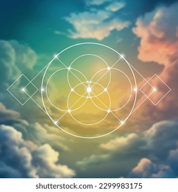 Flower of life. Tree of life. Sacred geometry spiritual new age futuristic illustration with transmutation interlocking circles, triangles and glowing particles