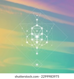 Flower of life. Tree of life. Sacred geometry spiritual new age futuristic illustration with transmutation interlocking circles, triangles and glowing particles