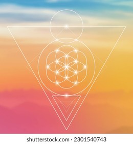 Flower of life. Tree of life. Sacred geometry spiritual new age futuristic illustration with transmutation interlocking circles, triangles and glowing particles