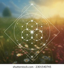 Flor de vida. Árbol de vida. Geometría sagrada nueva era espiritual ilustración futurista con círculos interbloqueantes transmutados, triángulos y partículas brillantes