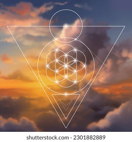 Flower of life. Tree of life. Sacred geometry spiritual new age futuristic illustration with transmutation interlocking circles, triangles and glowing particles