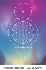 Flower of life. Tree of life. Sacred geometry spiritual new age futuristic illustration with transmutation interlocking circles, triangles and glowing particles