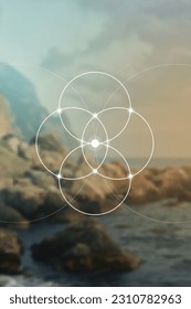 Flower of life. Tree of life. Sacred geometry spiritual new age futuristic illustration with transmutation interlocking circles, triangles and glowing particles