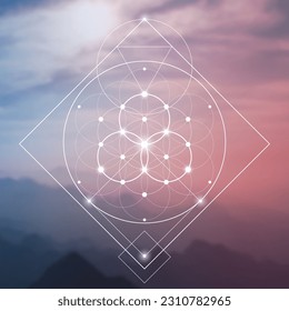 Flower of life. Tree of life. Sacred geometry spiritual new age futuristic illustration with transmutation interlocking circles, triangles and glowing particles