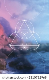 Flower of life. Tree of life. Sacred geometry spiritual new age futuristic illustration with transmutation interlocking circles, triangles and glowing particles