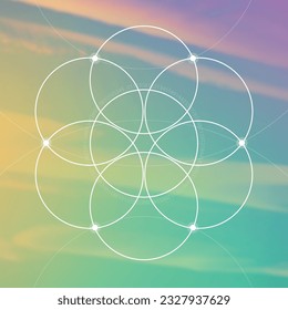 Flower of life. Tree of life. Sacred geometry spiritual new age futuristic illustration with transmutation interlocking circles, triangles and glowing particles