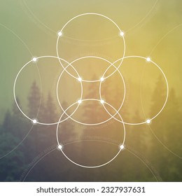 Flower of life. Tree of life. Sacred geometry spiritual new age futuristic illustration with transmutation interlocking circles, triangles and glowing particles