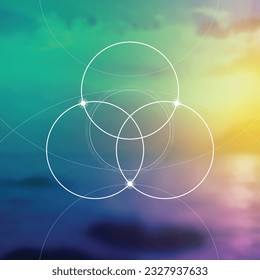 Flower of life. Tree of life. Sacred geometry spiritual new age futuristic illustration with transmutation interlocking circles, triangles and glowing particles
