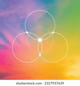 Flower of life. Tree of life. Sacred geometry spiritual new age futuristic illustration with transmutation interlocking circles, triangles and glowing particles