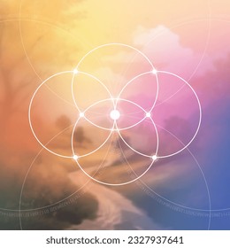 Flower of life. Tree of life. Sacred geometry spiritual new age futuristic illustration with transmutation interlocking circles, triangles and glowing particles