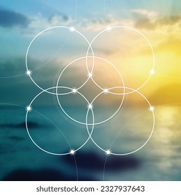 Flower of life. Tree of life. Sacred geometry spiritual new age futuristic illustration with transmutation interlocking circles, triangles and glowing particles