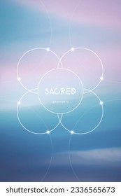 Flower of life. Tree of life. Sacred geometry spiritual new age futuristic illustration with copy space, transmutation interlocking circles, triangles and glowing particles