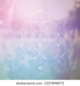 Flower of life. Tree of life. Sacred geometry spiritual new age futuristic illustration with transmutation interlocking circles, triangles and glowing particles