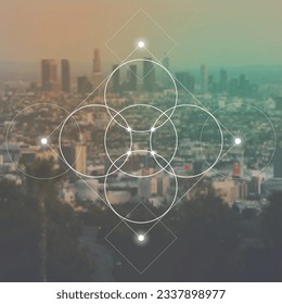 Flower of life. Tree of life. Sacred geometry spiritual new age futuristic illustration with transmutation interlocking circles, triangles and glowing particles
