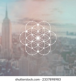 Flower of life. Tree of life. Sacred geometry spiritual new age futuristic illustration with transmutation interlocking circles, triangles and glowing particles