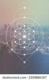 Flower of life. Tree of life. Sacred geometry spiritual new age futuristic illustration with transmutation interlocking circles, triangles and glowing particles