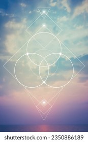 Flower of life. Tree of life. Sacred geometry spiritual new age futuristic illustration with transmutation interlocking circles, triangles and glowing particles