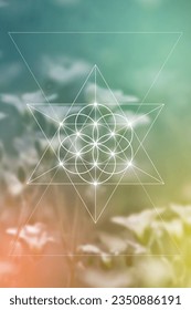 Flower of life. Tree of life. Sacred geometry spiritual new age futuristic illustration with transmutation interlocking circles, triangles and glowing particles