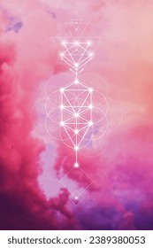 Flower of life. Tree of life. Sacred geometry spiritual new age futuristic illustration with transmutation interlocking circles, triangles and glowing particles