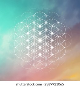 Flower of life. Tree of life. Sacred geometry spiritual new age futuristic illustration with transmutation interlocking circles, triangles and glowing particles