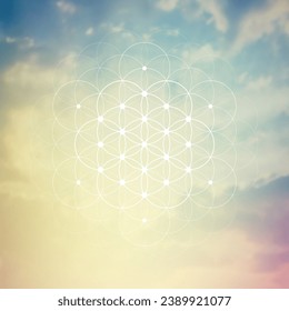 Flower of life. Tree of life. Sacred geometry spiritual new age futuristic illustration with transmutation interlocking circles, triangles and glowing particles
