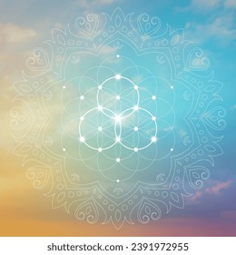 Flower of life. Tree of life. Sacred geometry spiritual new age futuristic illustration with transmutation interlocking circles, triangles and glowing particles