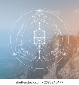 Flower of life. Tree of life. Sacred geometry spiritual new age futuristic illustration with transmutation interlocking circles, triangles and glowing particles