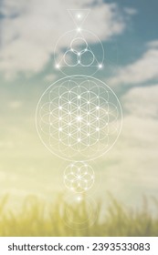 Flower of life. Tree of life. Sacred geometry spiritual new age futuristic illustration with transmutation interlocking circles, triangles and glowing particles