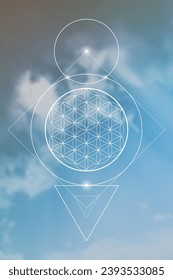 Flower of life. Tree of life. Sacred geometry spiritual new age futuristic illustration with transmutation interlocking circles, triangles and glowing particles