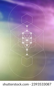Flor de vida. Árbol de vida. Geometría sagrada nueva era espiritual ilustración futurista con círculos interbloqueantes transmutados, triángulos y partículas brillantes