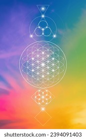 Flower of life. Tree of life. Sacred geometry spiritual new age futuristic illustration with transmutation interlocking circles, triangles and glowing particles
