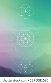 Flower of life. Tree of life. Sacred geometry spiritual new age futuristic illustration with transmutation interlocking circles, triangles and glowing particles