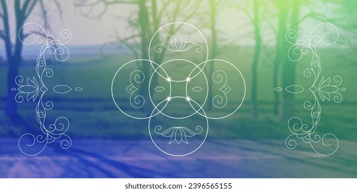 Flower of life. Tree of life. Sacred geometry spiritual new age futuristic illustration with transmutation interlocking circles, triangles and glowing particles