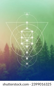 Flower of life. Tree of life. Sacred geometry spiritual new age futuristic illustration with transmutation interlocking circles, triangles and glowing particles