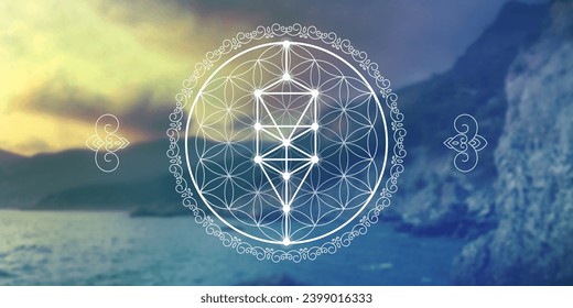 Flower of life. Tree of life. Sacred geometry spiritual new age futuristic illustration with transmutation interlocking circles, triangles and glowing particles