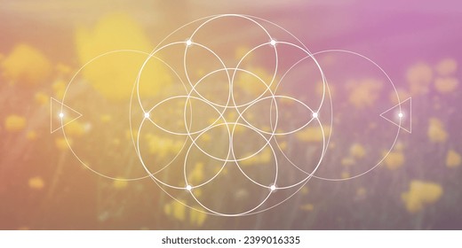 Flower of life. Tree of life. Sacred geometry spiritual new age futuristic illustration with transmutation interlocking circles, triangles and glowing particles
