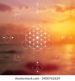 Flower of life. Tree of life. Sacred geometry spiritual new age futuristic illustration with transmutation interlocking circles, triangles and glowing